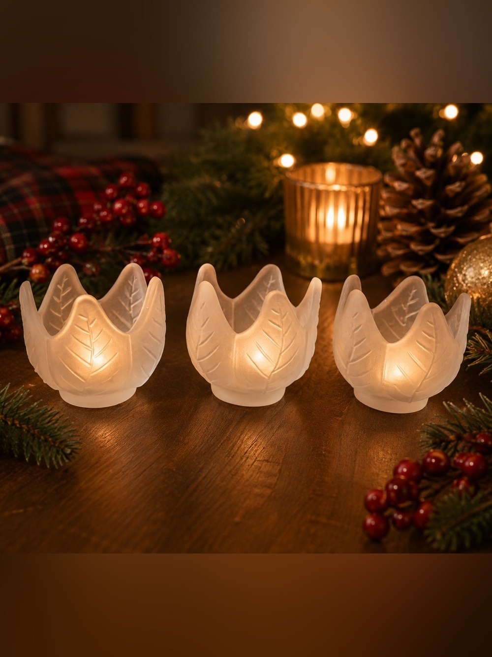 Vintage Partylite Frosted Lotus Blossom Trio Tea Light Holders